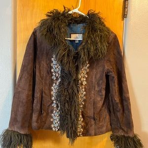 Oughty Naughty Suede Leather Jacket with Persian Lamb collar.